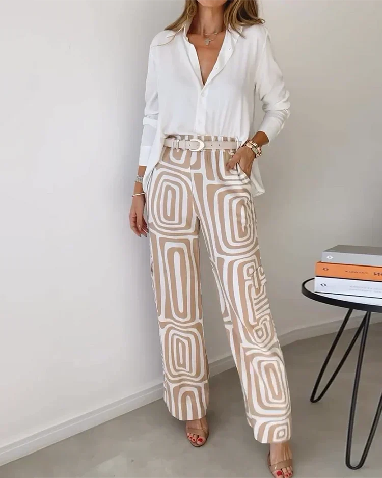Two-piece set: white button-front blouse with khaki patterned wide-leg pants