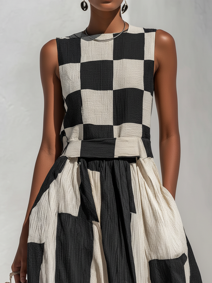 Black and white check sleeveless maxi dress with crew neck and gathered waist detail