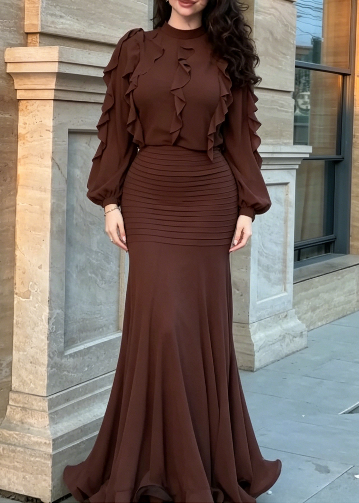 Brown ruffle long-sleeve top and ribbed mermaid maxi skirt set, full-length front view