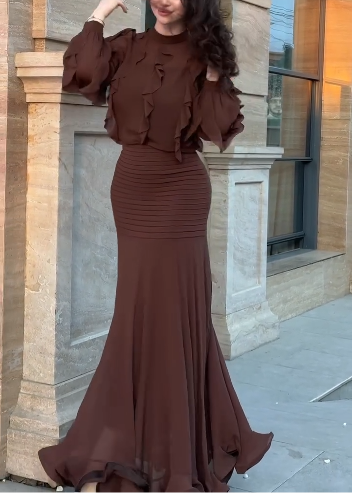 Brown ruffle long-sleeve top and ribbed mermaid maxi skirt set, three-quarter front view