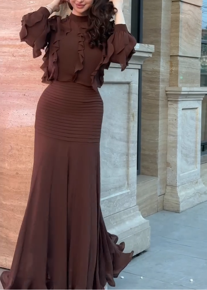 Brown ruffle long-sleeve top and ribbed mermaid maxi skirt set, close three-quarter view