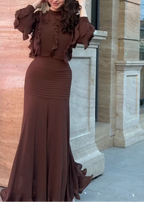 Brown ruffle long-sleeve top and ribbed mermaid maxi skirt set, close three-quarter view