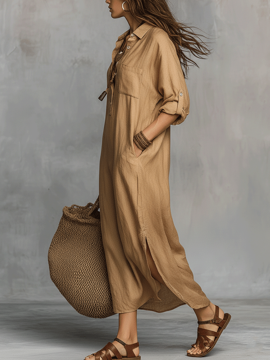 Beige button-front casual dress with chest pockets and cuffed sleeves, side walk view