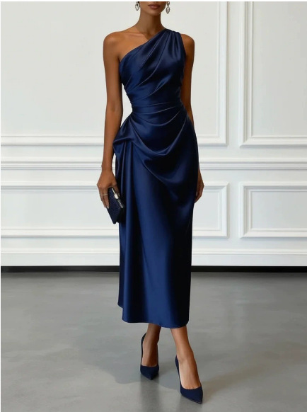 Navy satin one-shoulder midi dress with draped bodice and skirt