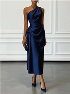 Navy satin one-shoulder midi dress with draped bodice and skirt