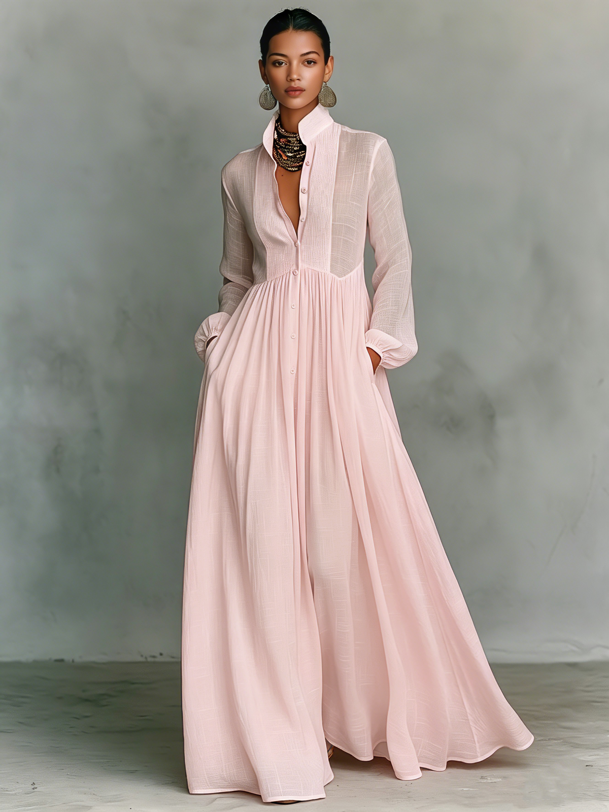 Women's light-pink long-sleeve maxi dress with stand-up collar, button-front and patchwork