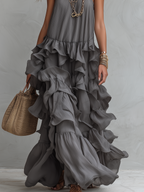 Grey halter long dress with cascading layered ruffle hem