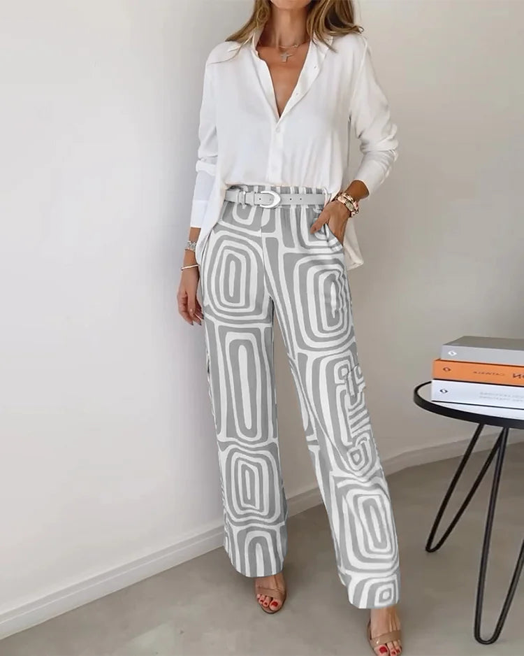 Two-piece set: white button-front blouse with gray patterned wide-leg pants