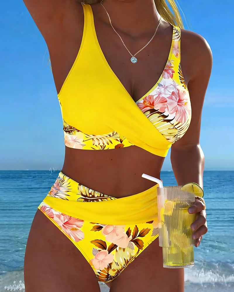 Yellow and floral contrast split bikini with V-neck triangle top and high-cut bottoms