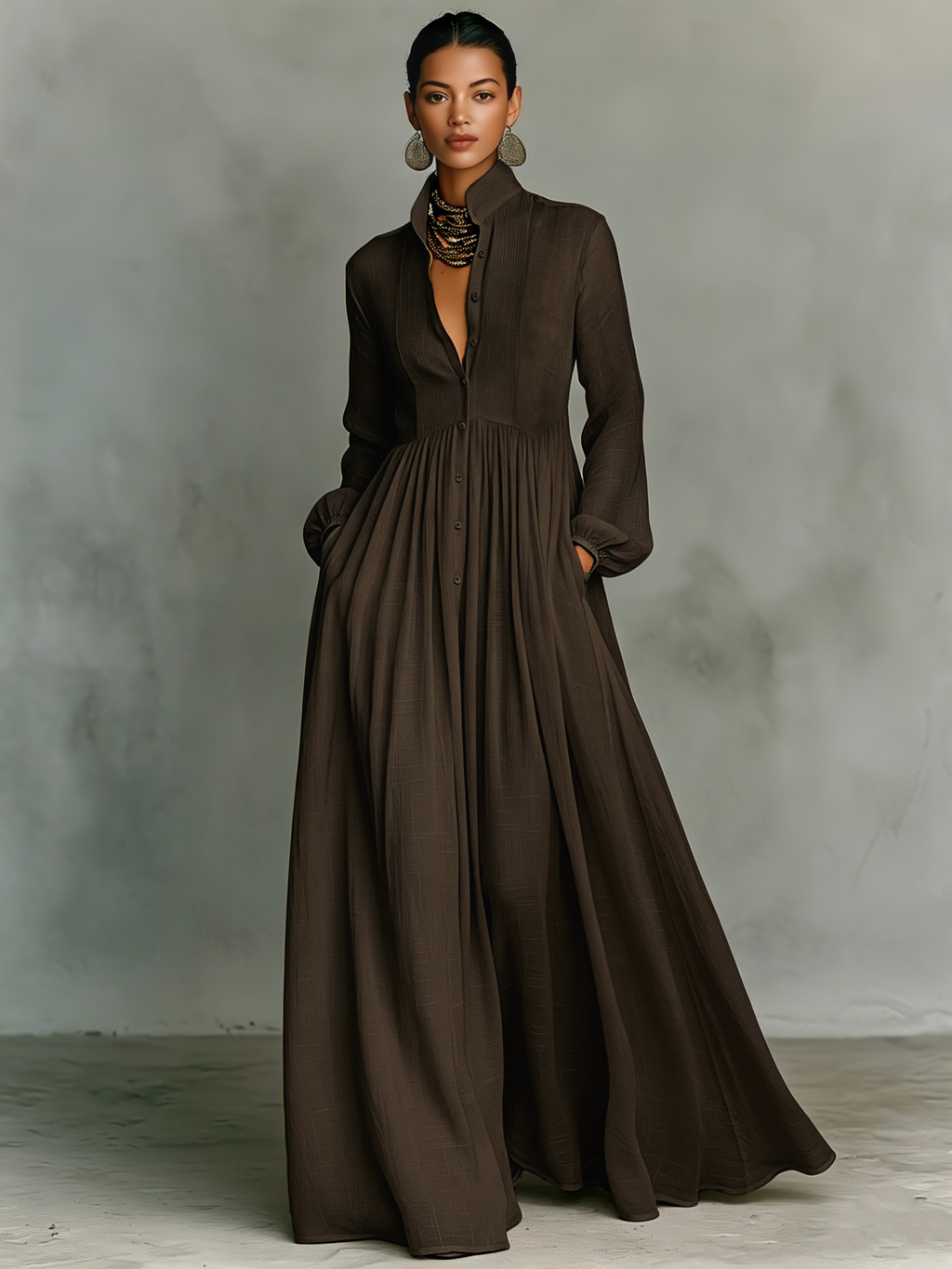 Women's dark brown long-sleeve maxi dress with stand-up collar, button-front and patchwork