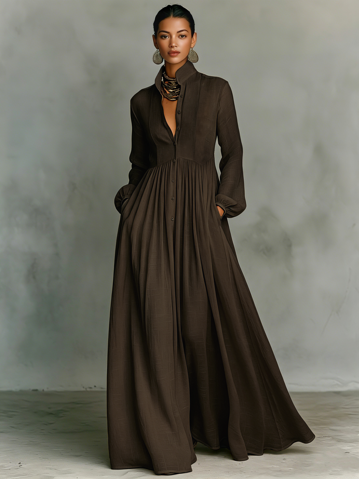 Women's dark brown long-sleeve maxi dress with stand-up collar, button-front and patchwork