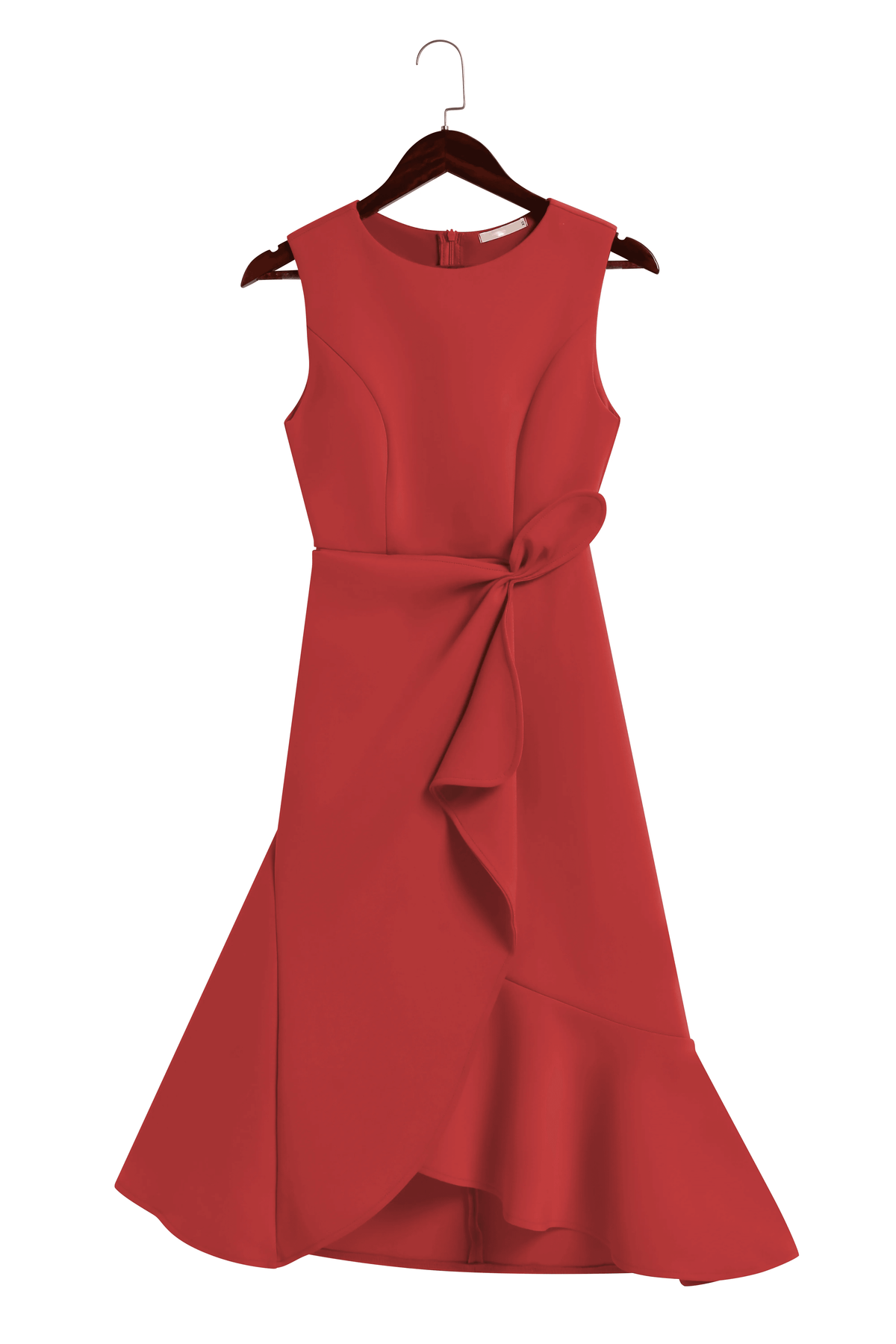 Red sleeveless midi A-line dress with waist tie bow detail
