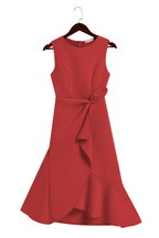 Red sleeveless midi A-line dress with waist tie bow detail
