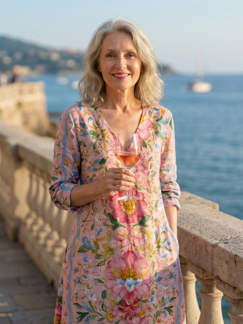 Floral midi dress upper front view, V-neck and bright floral pattern on soft pink