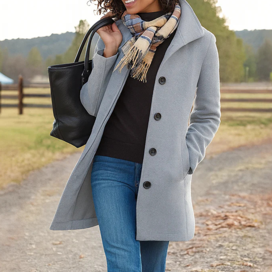 Light gray long coat with notch lapels and dark button front, side pockets visible.