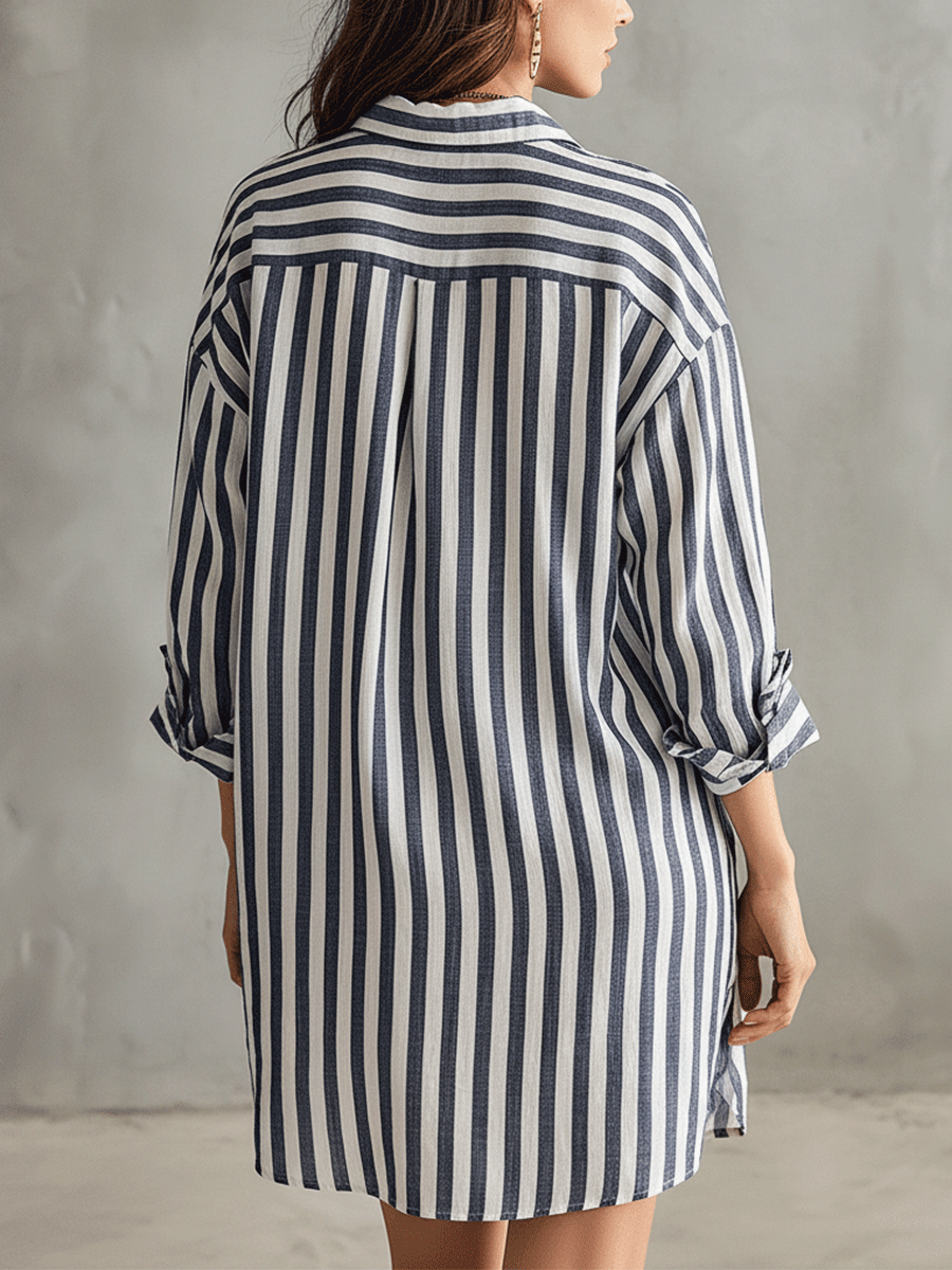 Blue and white striped shirt mini dress from back, relaxed oversized fit