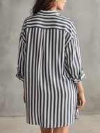 Blue and white striped shirt mini dress from back, relaxed oversized fit
