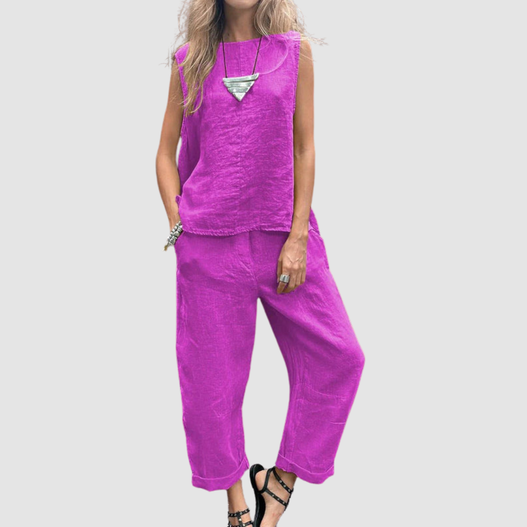 Purple two-piece summer set with sleeveless tank and wide-leg pants