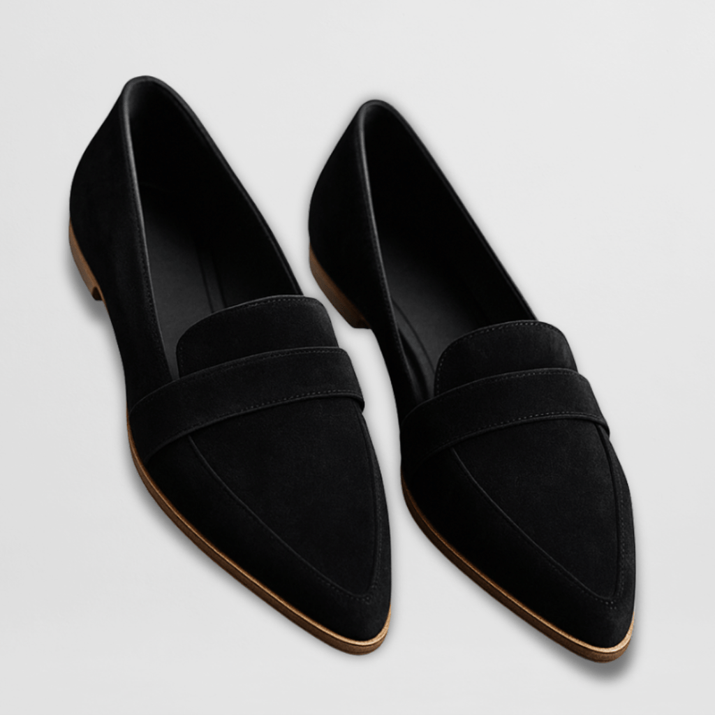 Soft comfort support loafers in black suede, slip-on with wide upper band