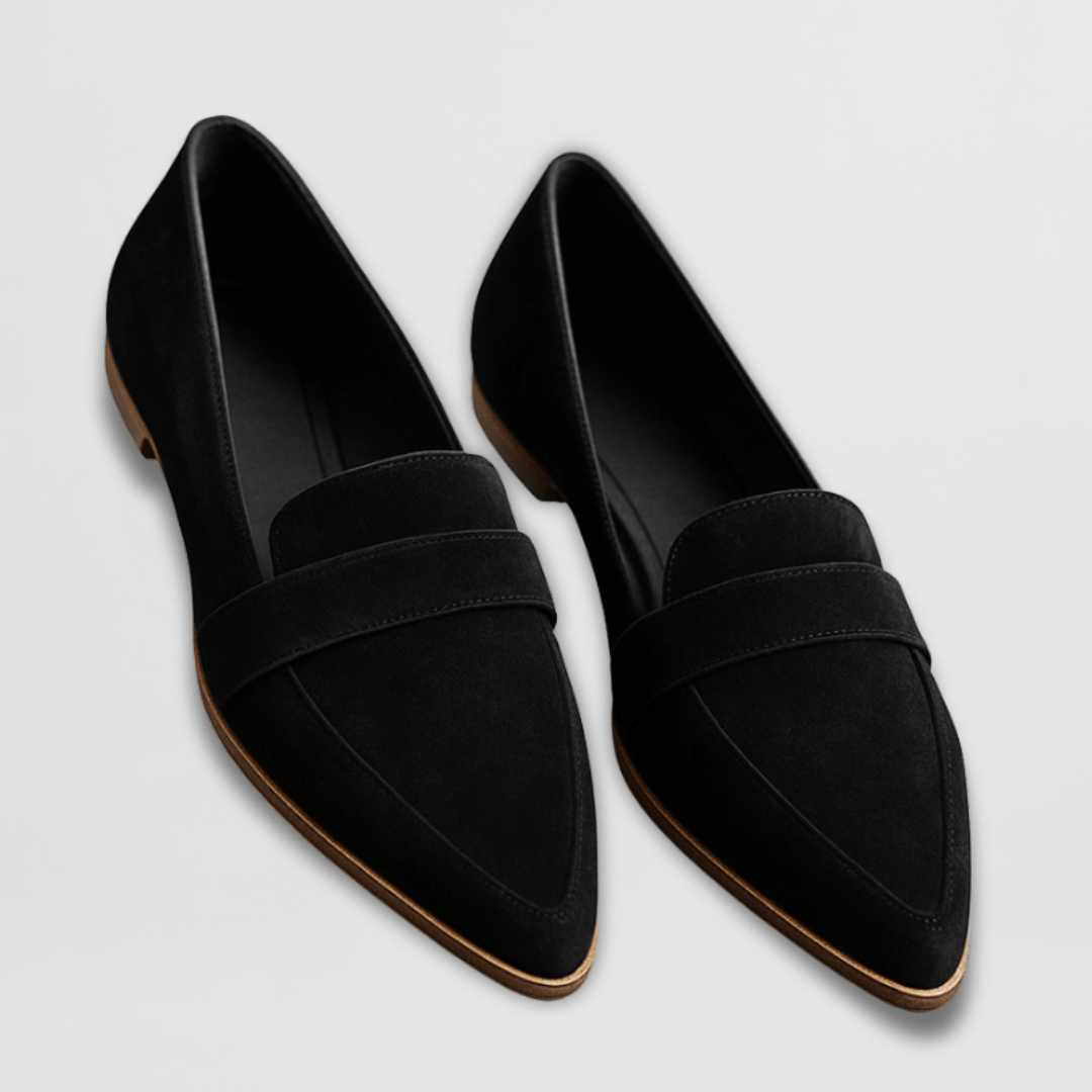 Soft comfort support loafers in black suede, slip-on with wide upper band