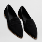 Soft comfort support loafers in black suede, slip-on with wide upper band