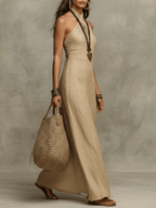Khaki linen halter maxi dress with draped cowl neck and flowing side-slit drape