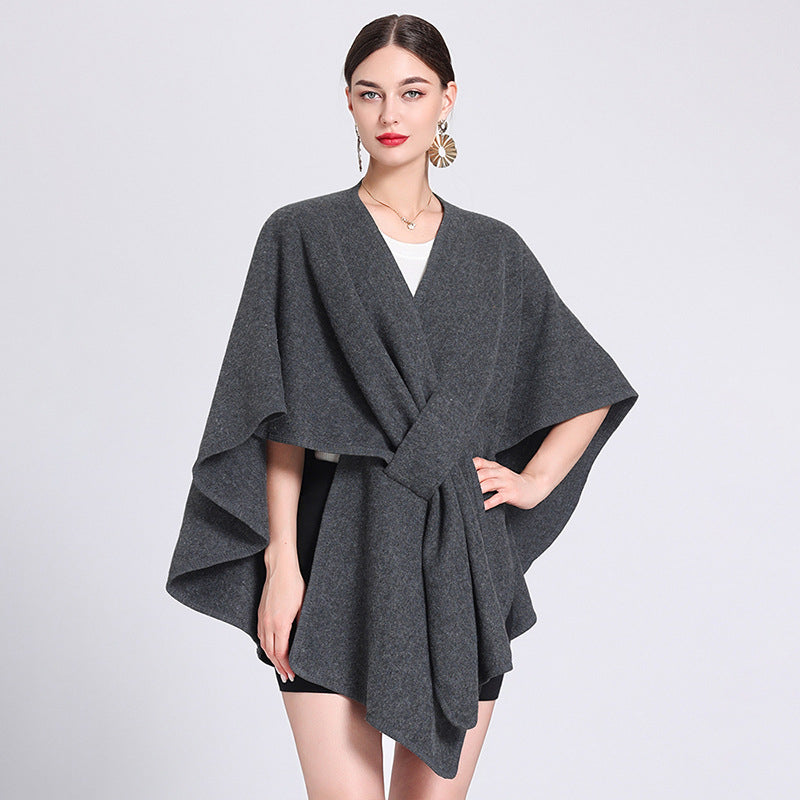 Dark gray fleece cape shawl with V neck and waist tie belt
