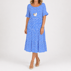 Blue polka dot short-sleeve midi dress with scoop neck and tiered hem