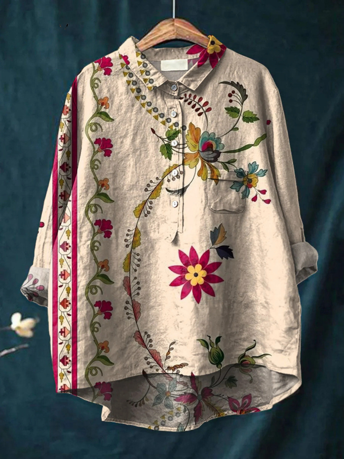 Women's vintage floral art print casual shirt, light gray with multicolor botanical design
