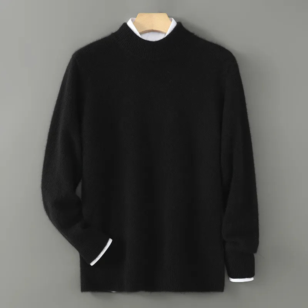 Black cashmere mock-neck jumper with ribbed collar, cuffs, and hem.