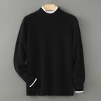 Black cashmere mock-neck jumper with ribbed collar, cuffs, and hem.