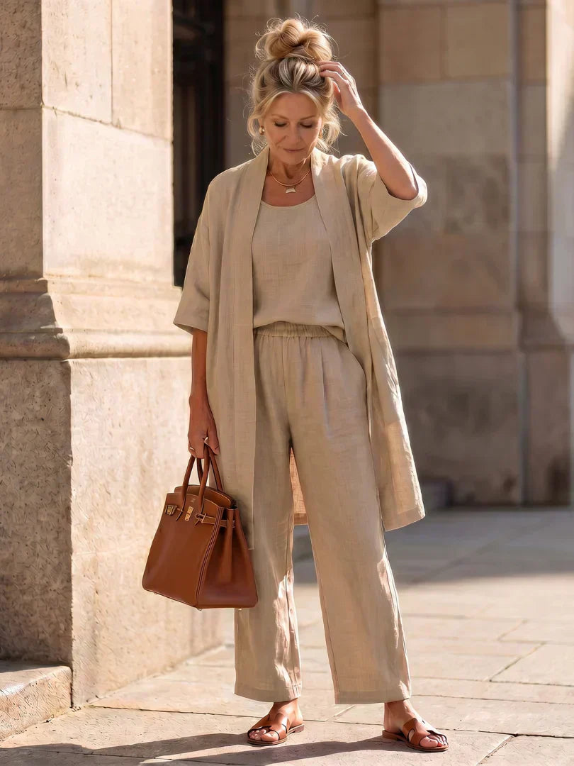 Lorrin™ elegant set in beige: open kimono over scoop-neck wide-leg jumpsuit