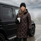 Mauve quilted hooded coat with zip front and long sleeves