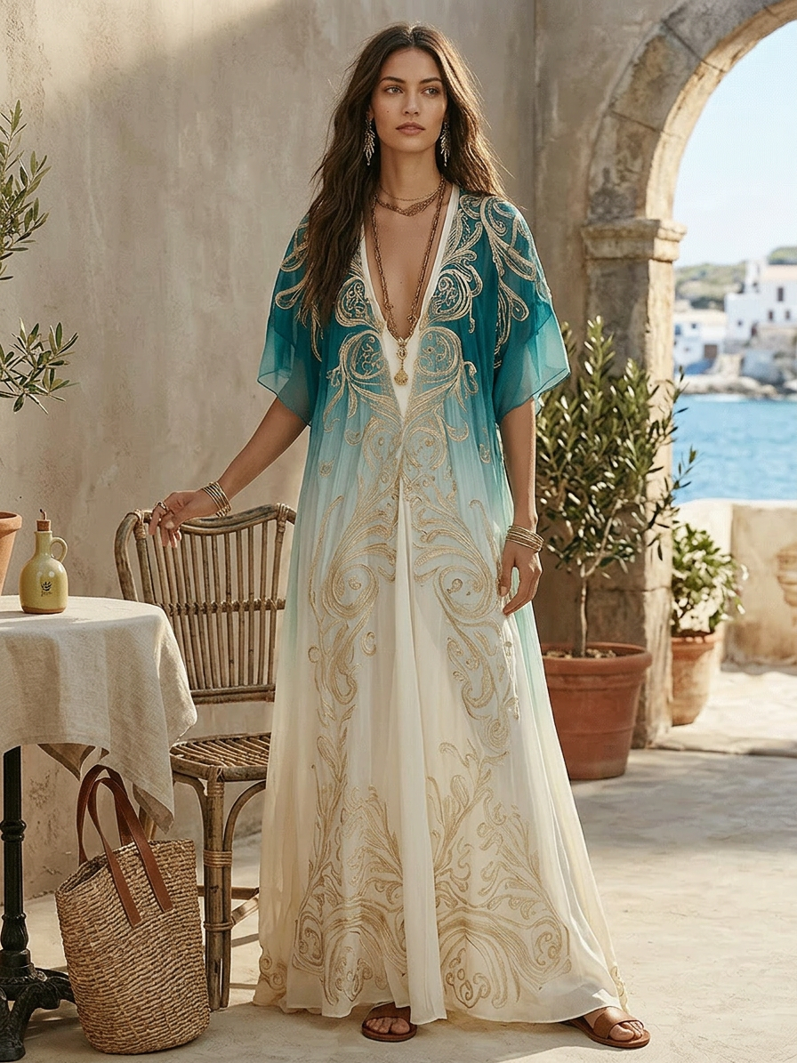Aqua-to-cream kaftan maxi dress with cape sleeves, gold embroidery, and draped fit