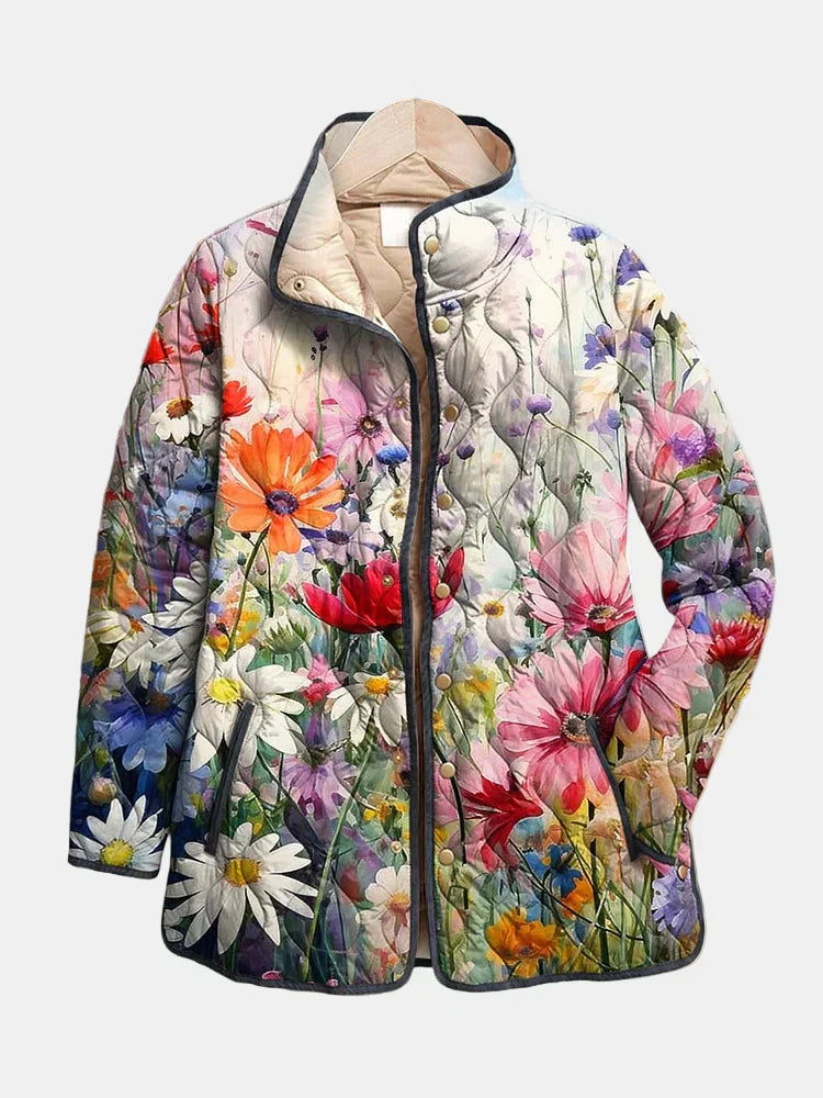 Multicolour floral print quilted jacket with snap front and hood lining