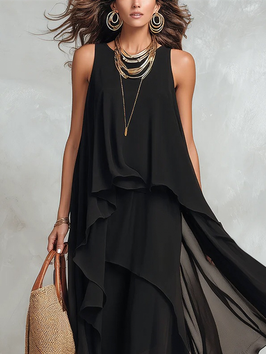 Black sleeveless layered chiffon maxi dress with draped tiered hem, scoop neckline