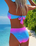 Halter neck leopard print gradient swimsuit set, blue to purple with bow tie back
