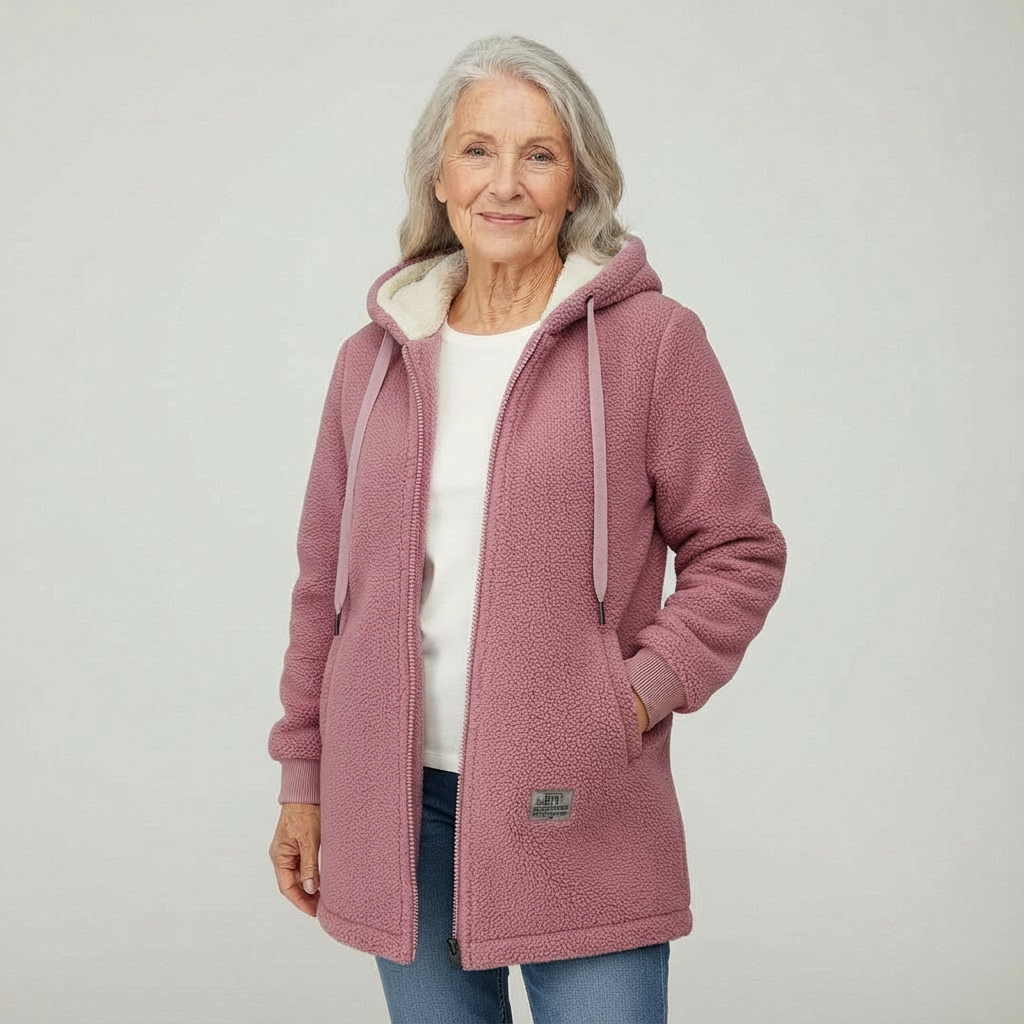 Pink hooded fleece jacket, full-zip front with drawstring and side pockets