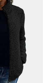 Black teddy jacket, long sleeves, textured fleece, high collar