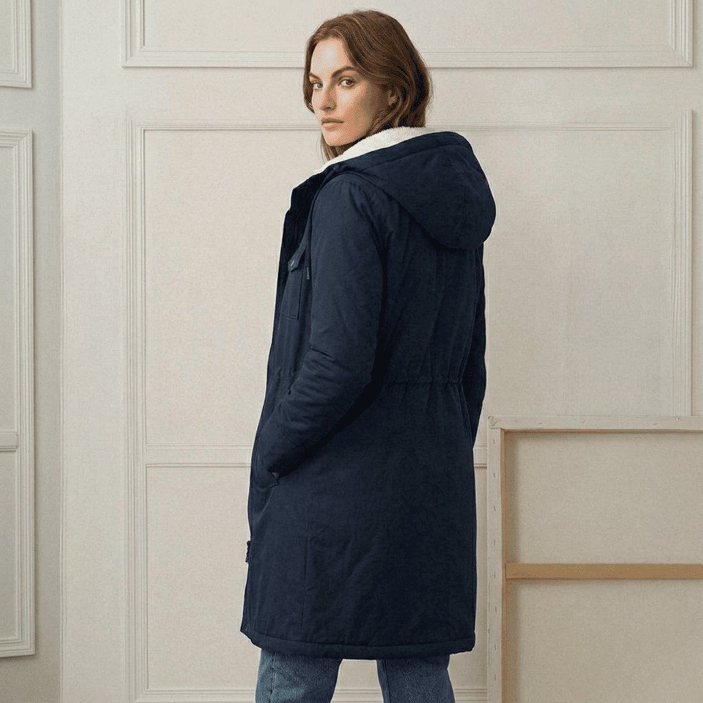 Midnight navy waterproof long parka back view with hood and sherpa lining