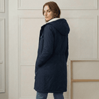 Midnight navy waterproof long parka back view with hood and sherpa lining