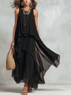 Black sleeveless layered chiffon maxi dress with tiered ruffles, round neckline