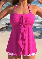 Warm pink tankini top with ruched bandeau, tie-front bow, pleated skirt hem