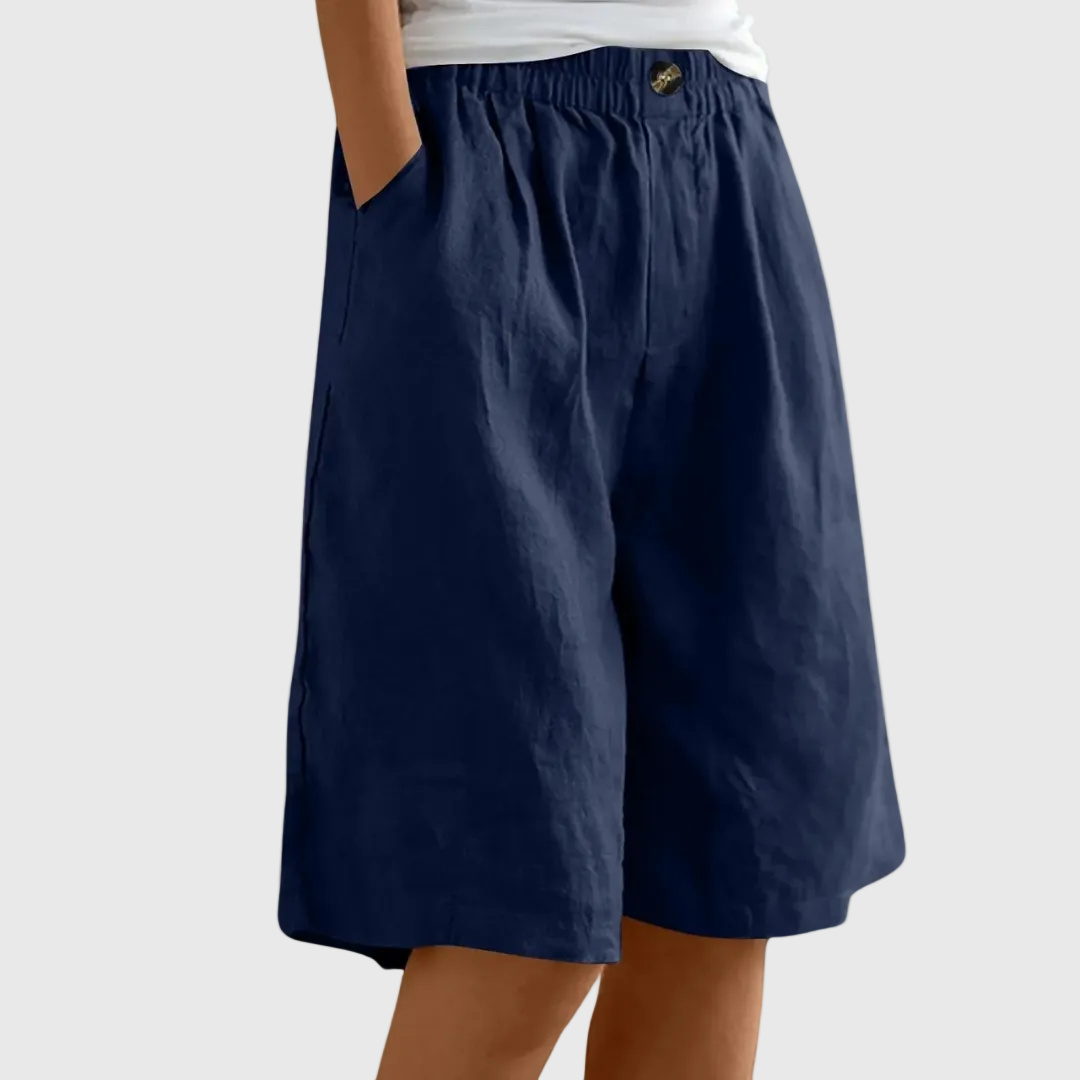 Loose-fit elastic waist shorts in navy blue with button detail at waistband