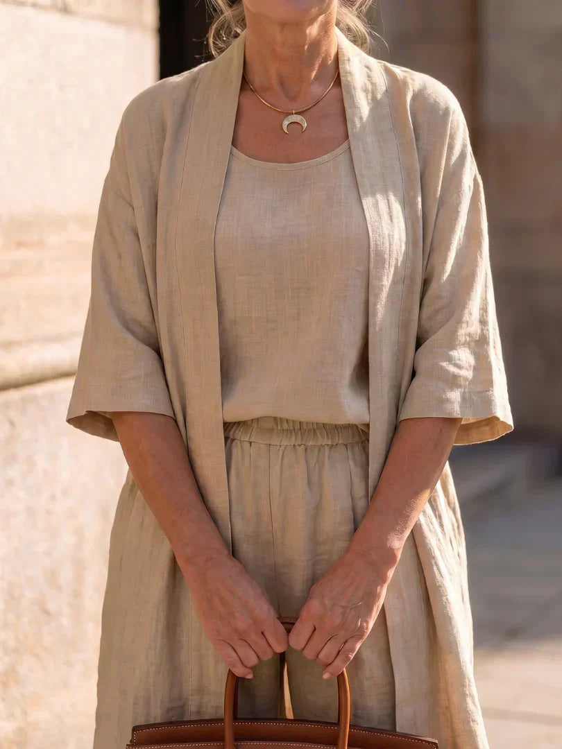 Elegant set with draped short-sleeve outer shirt and matching wide-leg pants, tan
