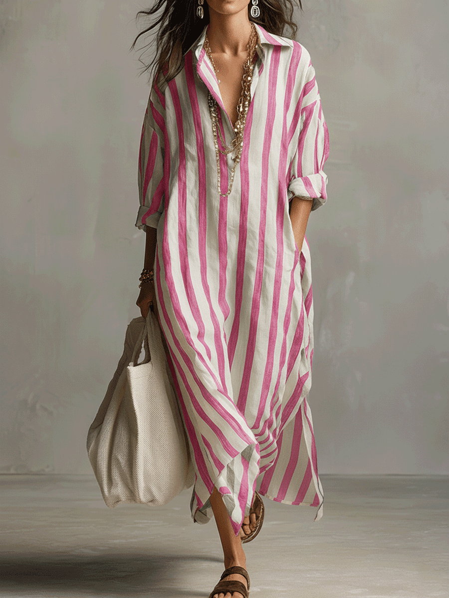 Striped maxi shirt dress in pink and off-white, V-neck collar, button-front
