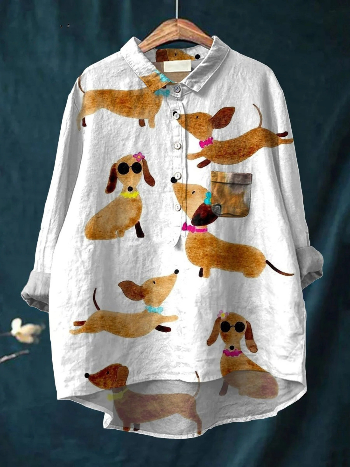Cute dog dachshund art print casual shirt, white button-up with multicolor dog graphics