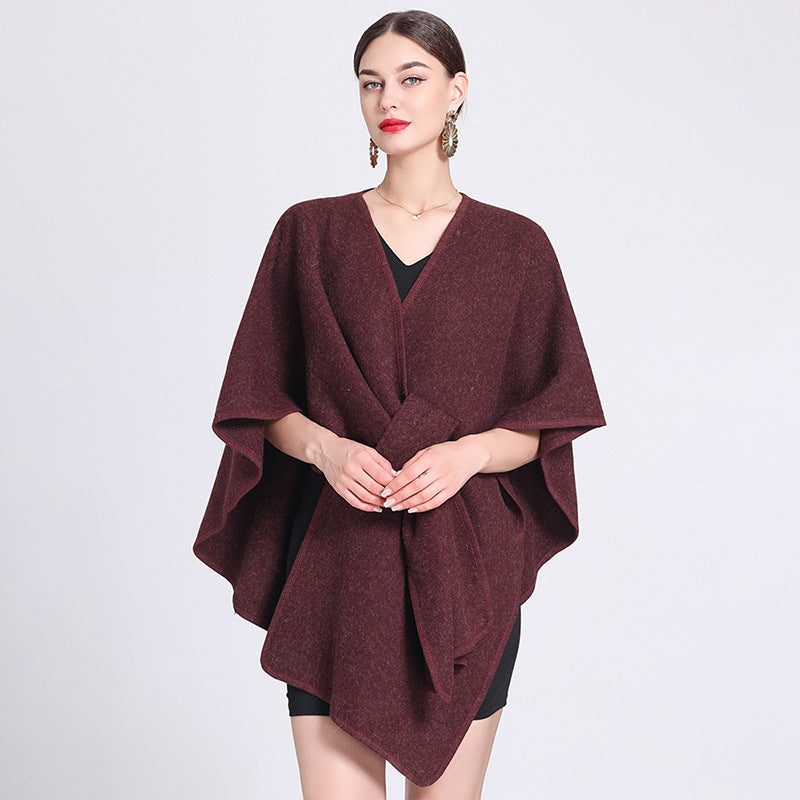 Wine red caped fleece shawl with V-neck and waist tie, loose poncho drape.