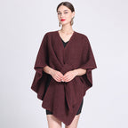 Wine red caped fleece shawl with V-neck and waist tie, loose poncho drape.