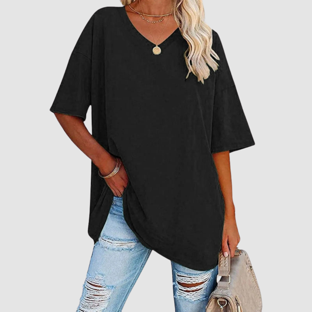 Black V-neck t-shirt with short sleeves, loose drape and side-tuck detail.